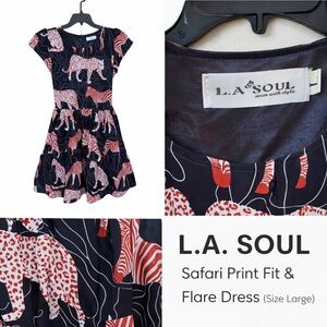 L.A. Soul Safari Animal Midi Large Dress Navy Red Zebra Leopard Fit Flare Artsy